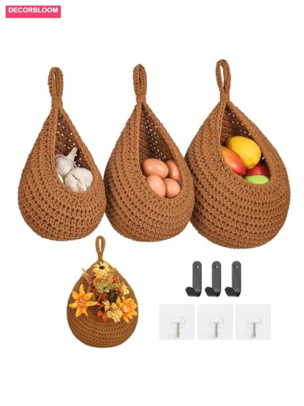 Woven Cotton Hanging Fruit Basket Set of 3 with Hooks for Kitchen Storage